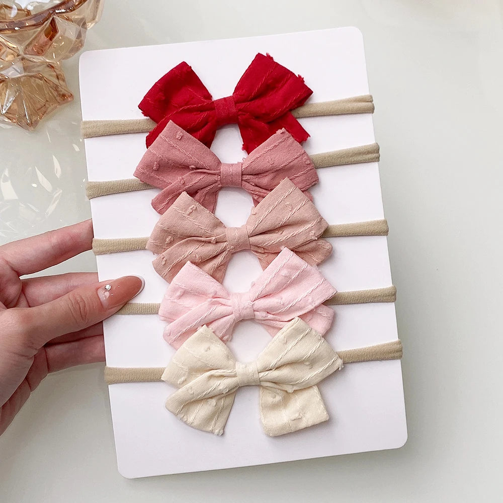 5Pcs/Set Cotton Linen Bows Headband for Girls Newborn Nylon Elastic Hair Bands Toddler Hairbands Headwear Baby Hair Accessories
