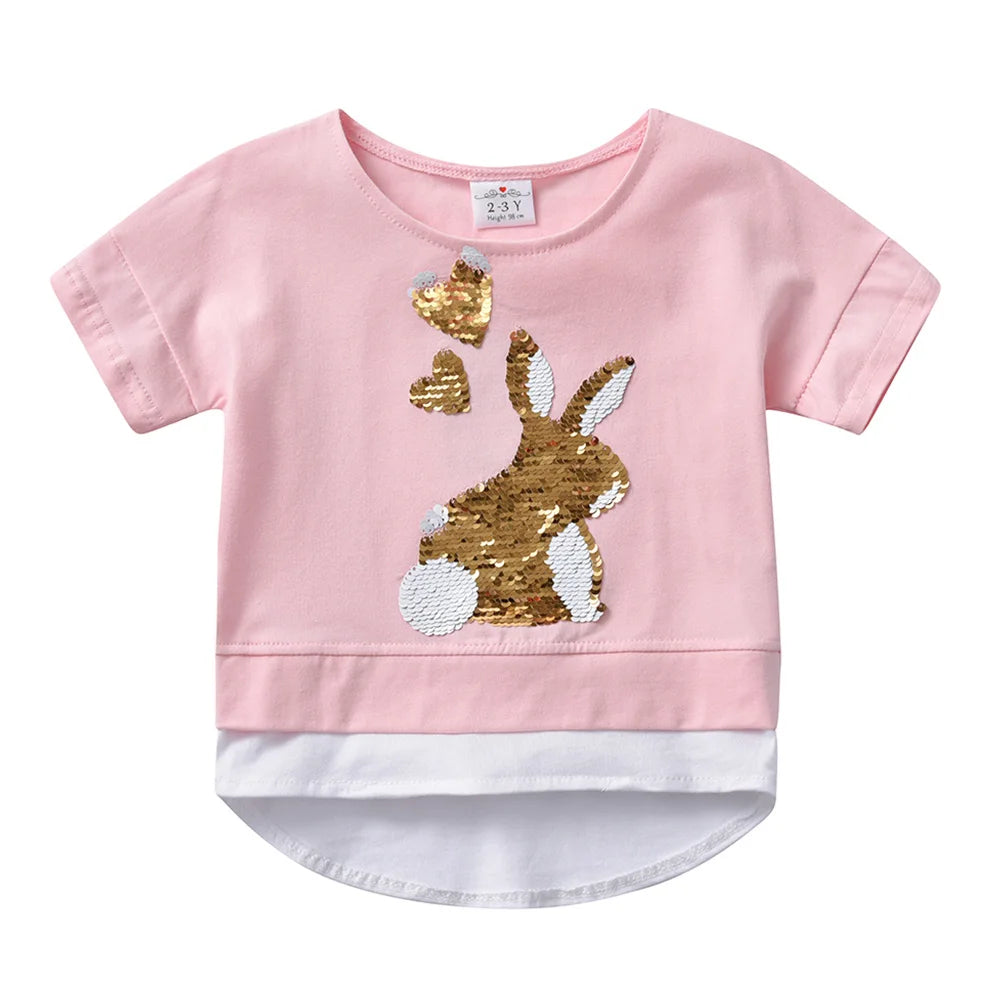 "VETEMENTS" T-shirts à manches courtes DXTON pour filles, motif lapin à paillettes, col rond, hauts et t-shirts décontractés pour enfants