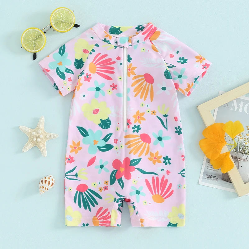 Toddler Infant Girls Rash Guard Swimsuit Rompers Zipper Short Sleeve Floral Print Kids Bathing Suit Baby Swimwear