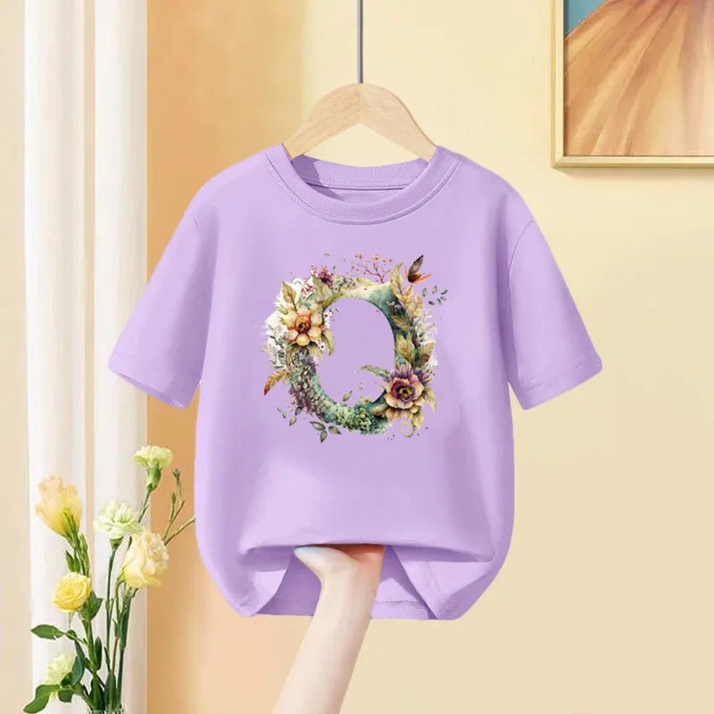 Girls T-Shirt 26 English Letter A B C D Children Fashion Flower T Shirt Kids  Custom Name Letter Summer Purple Clothes