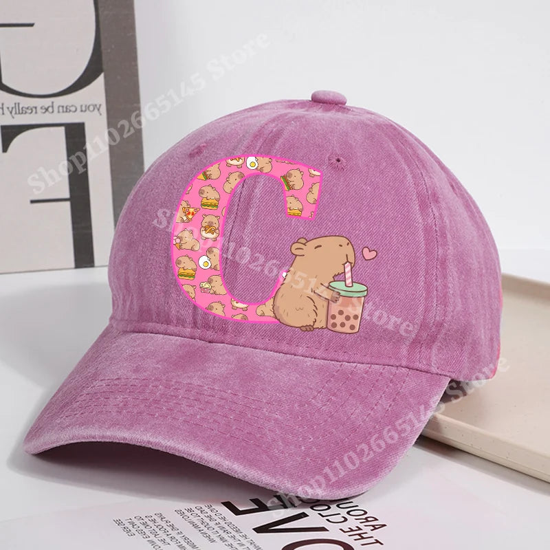 Capibara Baseball Cap for Women New Cute Capybara Letter A-Z Sun Hat Outdoor Sport Travel Sunbonnet Adult Fashion Headgear Gift