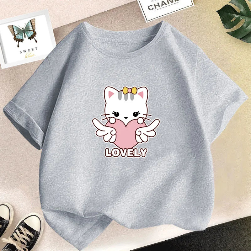 Kawaii Cat Print Lovely T-shirt Girl Animal  Fashion Print Tops Tee Gril Black White Clothes
