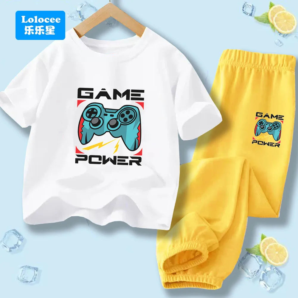 "VETEMENTS" Ensemble 2 pièces pour enfants style gamer "manette de jeu" : t-shirt à manches courtes et pantalon
