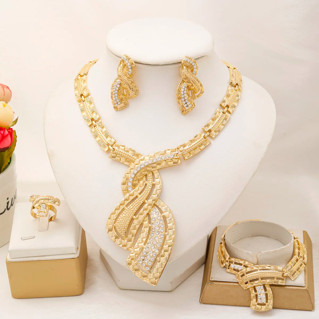 "BIJOUX" Parures de bijoux plaqués or,  collier, bracelet, boucles d'oreilles et bague avec pendentif en zircon