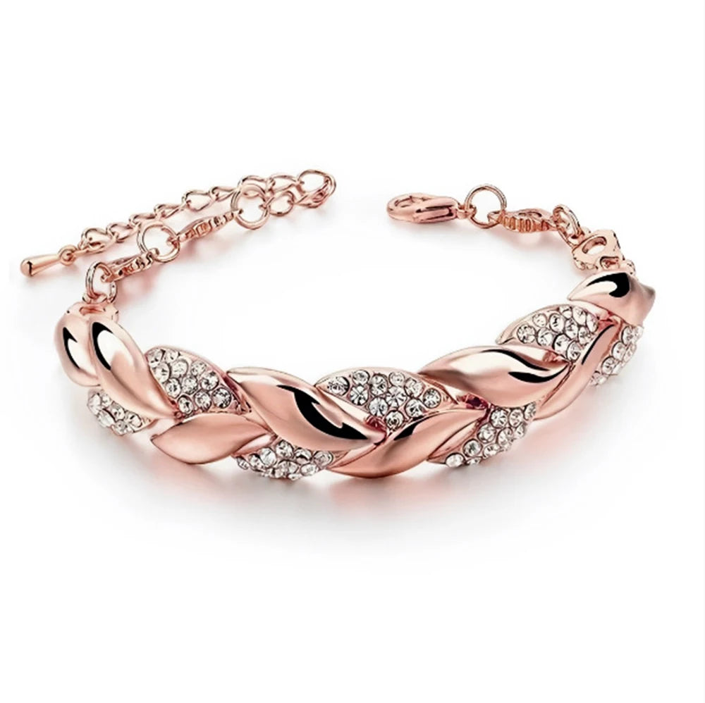 "JEWELRY" Luxury braided leaf-shaped bracelet adorned with crystals, ideal for Valentine's Day. Luxury Love Braided Leaf Bracelet Charm Crystal Wedding Bracelets For Women Valentines Day Gifts Aesthetic Jewelry