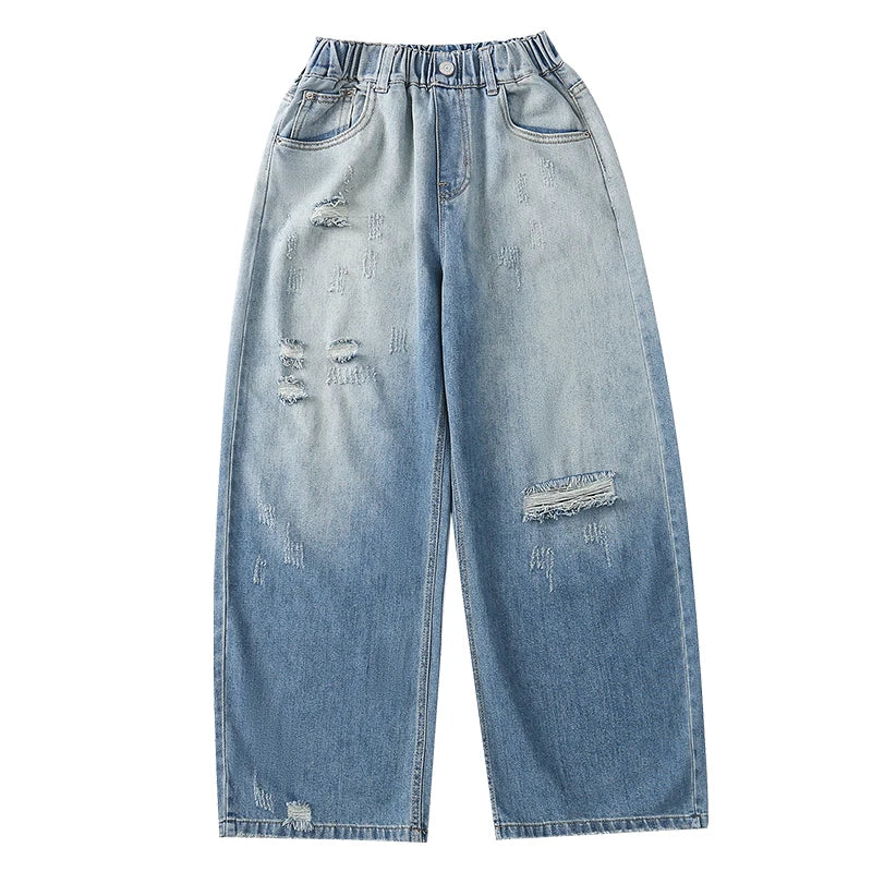 "VETEMENTS" Jean style usé pour filles, coupe ample, jambes larges, pour enfants de 5 à 14 ans