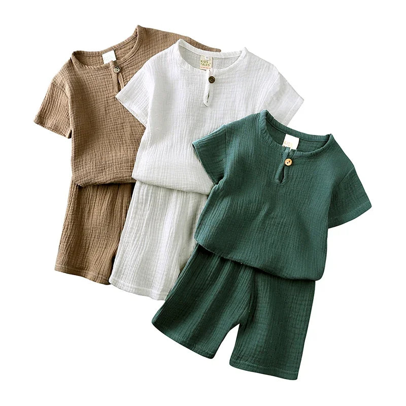 "VETEMENTS" Ensemble pour petits garçons et filles : T-shirt et short unis en coton et lin