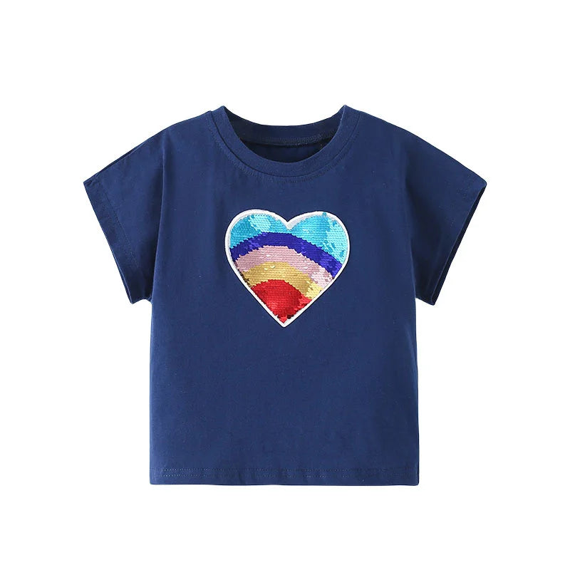 Jumping Meters 2-7T Hearts Beading Girls Tops Hot Selling Cotton Summer Girls Tshirts Baby Clothes Children's Tees Costume