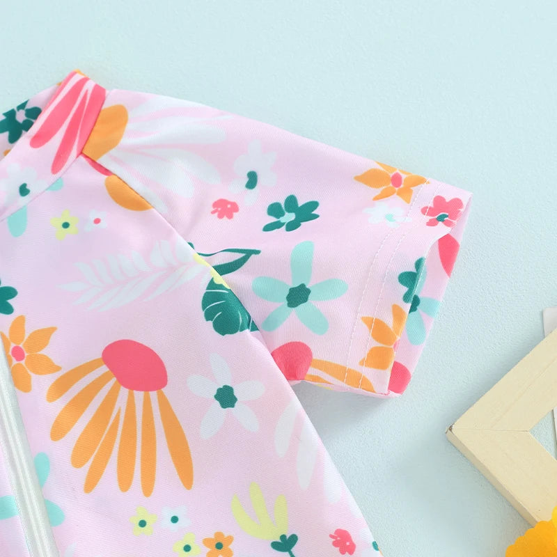 Toddler Infant Girls Rash Guard Swimsuit Rompers Zipper Short Sleeve Floral Print Kids Bathing Suit Baby Swimwear
