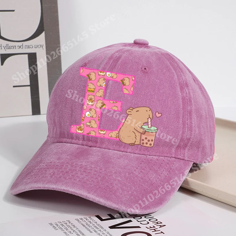Capibara Baseball Cap for Women New Cute Capybara Letter A-Z Sun Hat Outdoor Sport Travel Sunbonnet Adult Fashion Headgear Gift