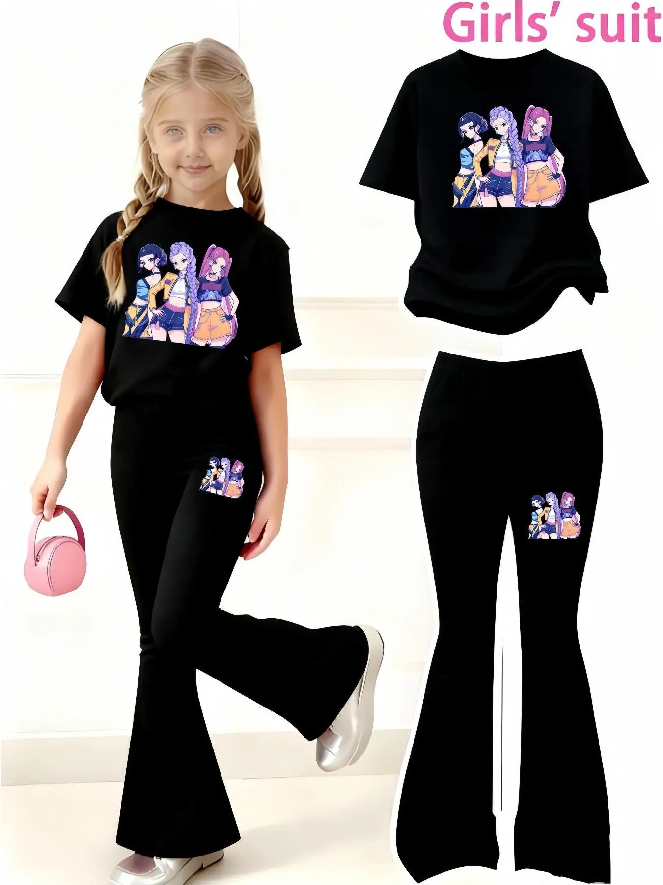"VETEMENTS" Ensemble pour filles, T-shirt à manches courtes + Pantalon pattes d'éléphants 4 à 12 ans