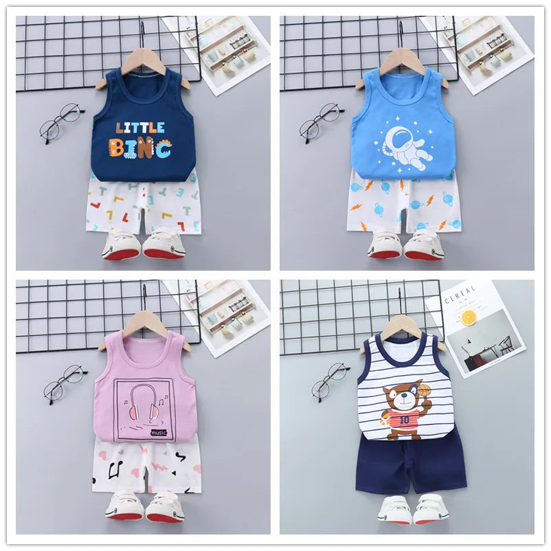 Summer Cute Cartoon 2PCS Kids Baby Boys Girls Cartoon Vest Top Shorts Pants Set Clothes Children Pajamas Girls Clothing Sets