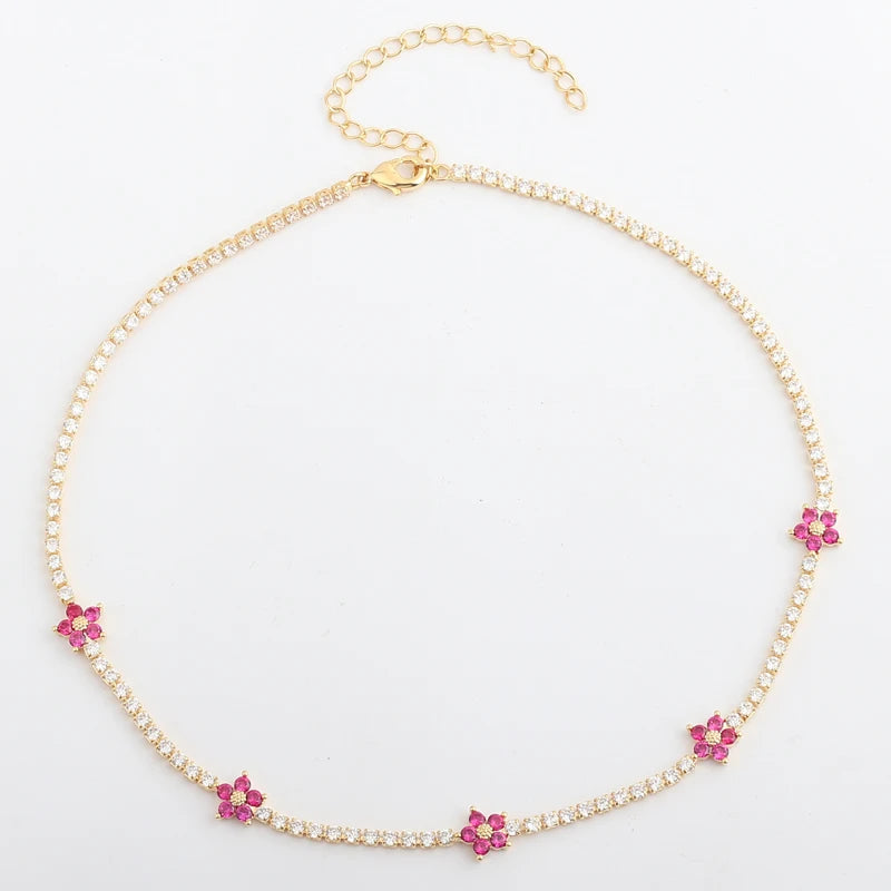 "BIJOUX" Nouveau collier plaqué or avec chaîne en zircon cubique et fleur colorée