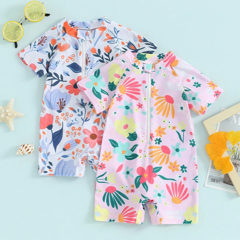 Toddler Infant Girls Rash Guard Swimsuit Rompers Zipper Short Sleeve Floral Print Kids Bathing Suit Baby Swimwear