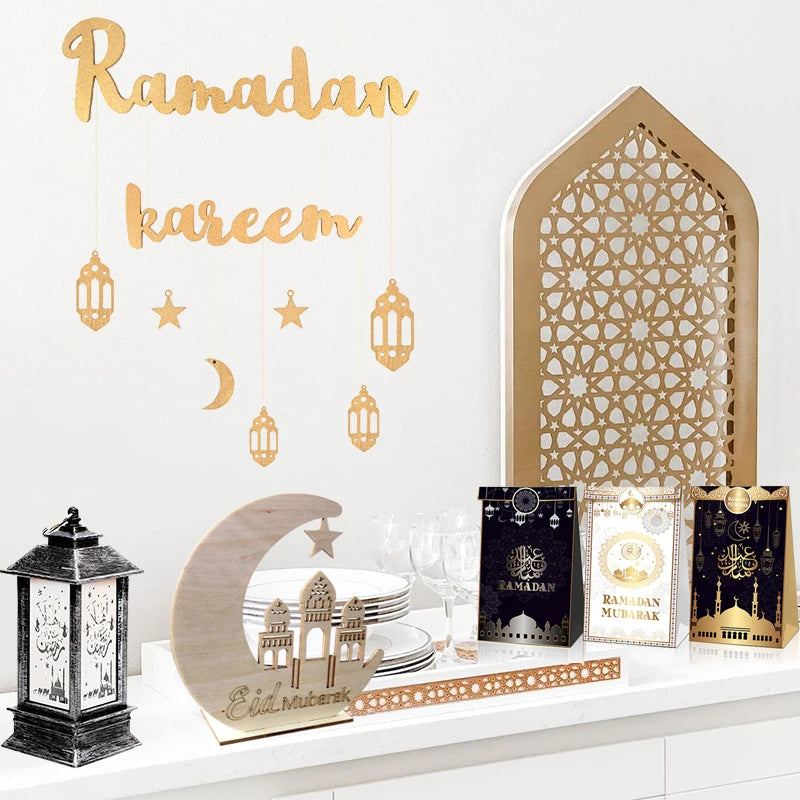 "SPECIAL RAMADAN" Ramadan Kareem Hanging Wooden Decoration for the Islamic Holy Month; Ramadan Kareem Hanging Wooden Sign Islamic Holy Month Decor with Moon, Star, and Lantern Pendants for Eid Wood Craft Home Decoration