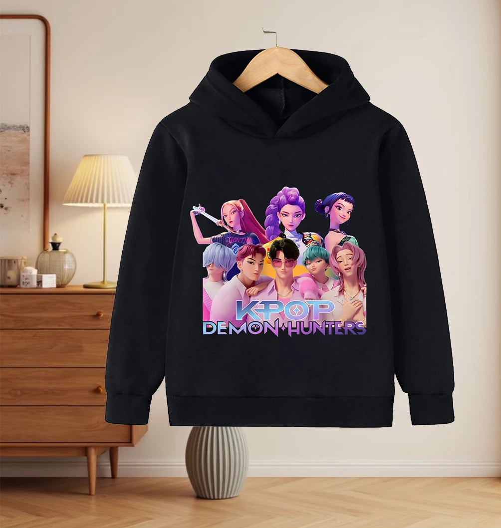 2025 KPop Demon Hunter Cartoon Printed Girls Boys Hoodie Sweaters Children Autumn/winter Warm Fashion Korean Wave Casual Hoodie