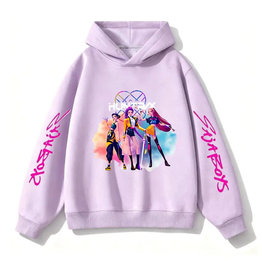 Purple Hooded Tops Fashion Casual Clothes Kids New Design Hoodies Kpop Demon Hunters Girls Group Clothing Toddler Autumn Wear