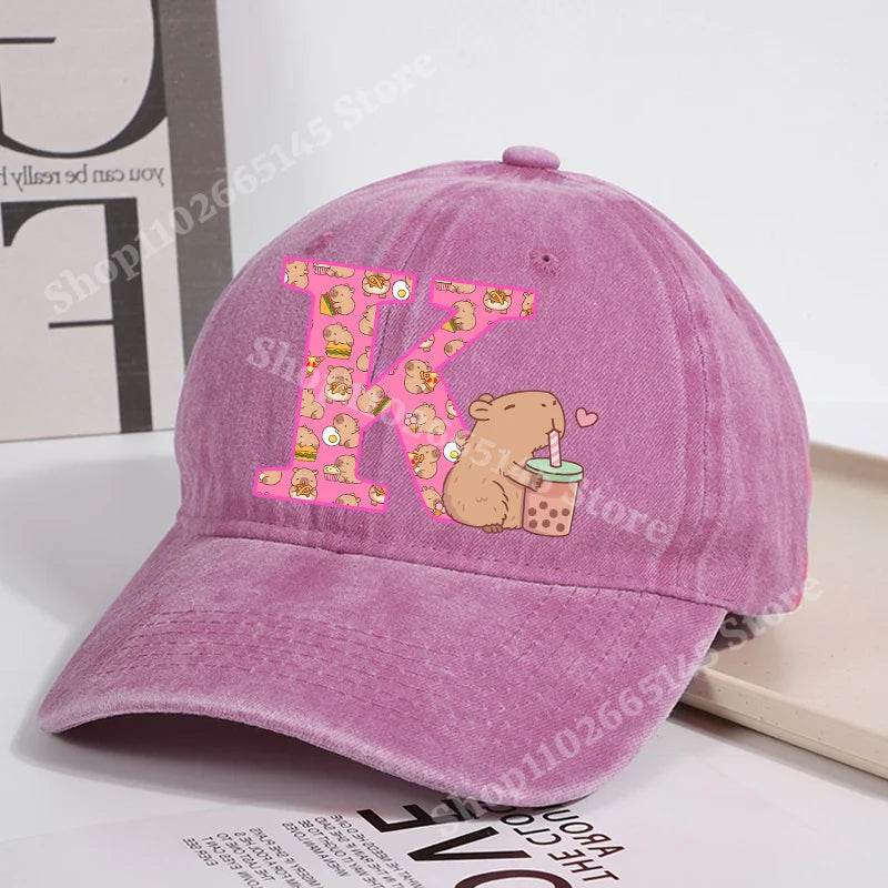 Capibara Baseball Cap for Women New Cute Capybara Letter A-Z Sun Hat Outdoor Sport Travel Sunbonnet Adult Fashion Headgear Gift