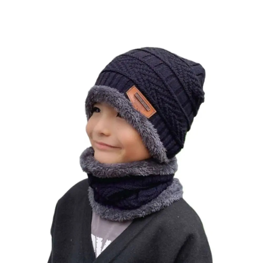 Kids Beanie Warm Hat Scarf Set Neck Cover Winter Fleece Knitted Thick Ski Cap