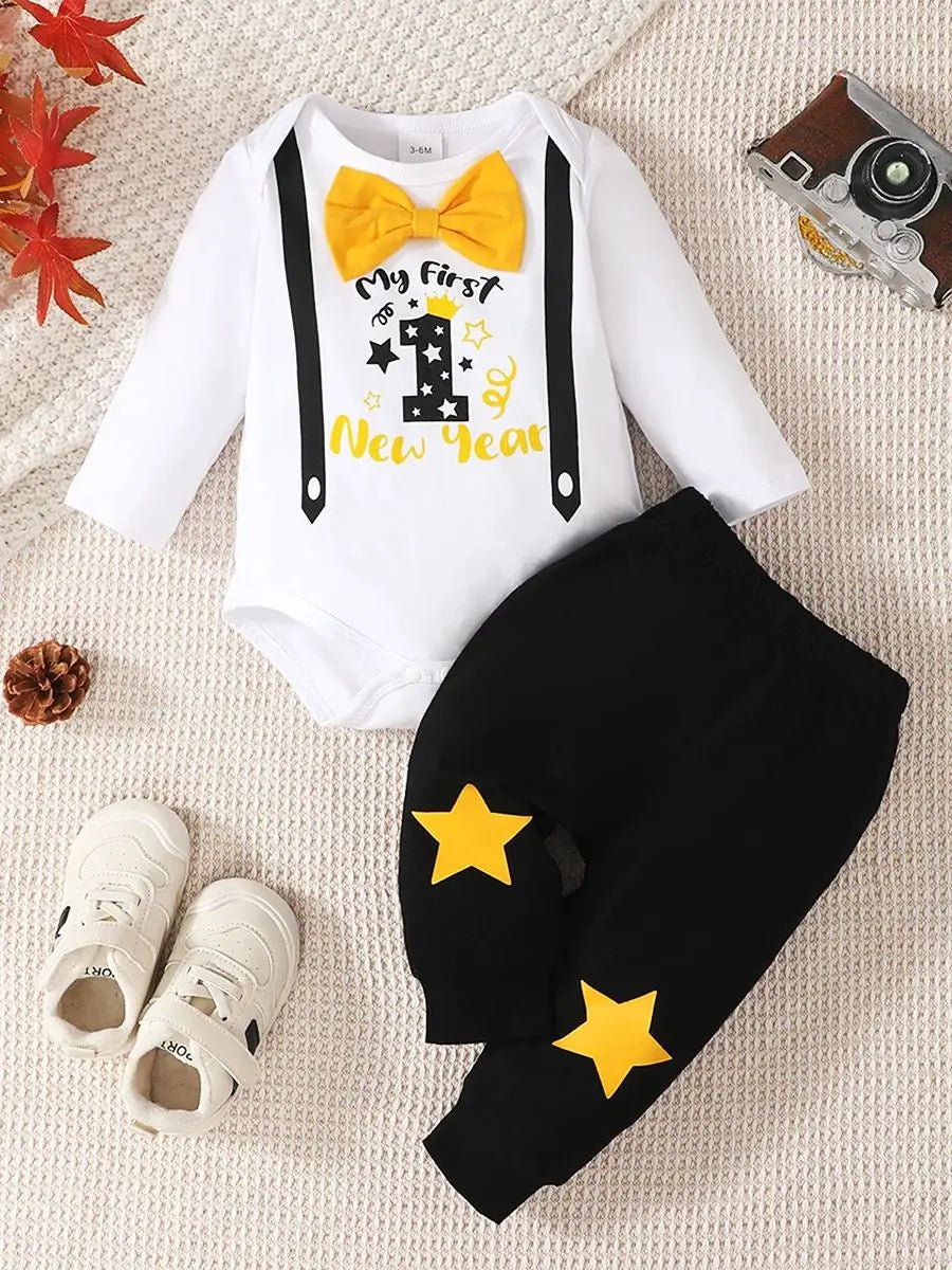 0-2 Year Old Newborn  Baby Boys Spring And Autumn Round Neck Long Sleeved New Year Holiday Jumpsuit Fashion Set