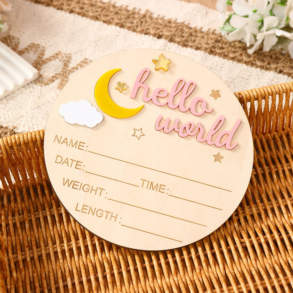 1pc Newborn Announcement Sign Hello World Newborn Welcome Sign New Baby Announcement Wooden Plaque Sign Newborn Welcome Card