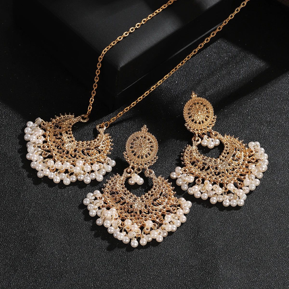 "BIJOUX" Parure de bijoux, style rétro, plaquée or, avec perles, boucles d'oreilles et collier