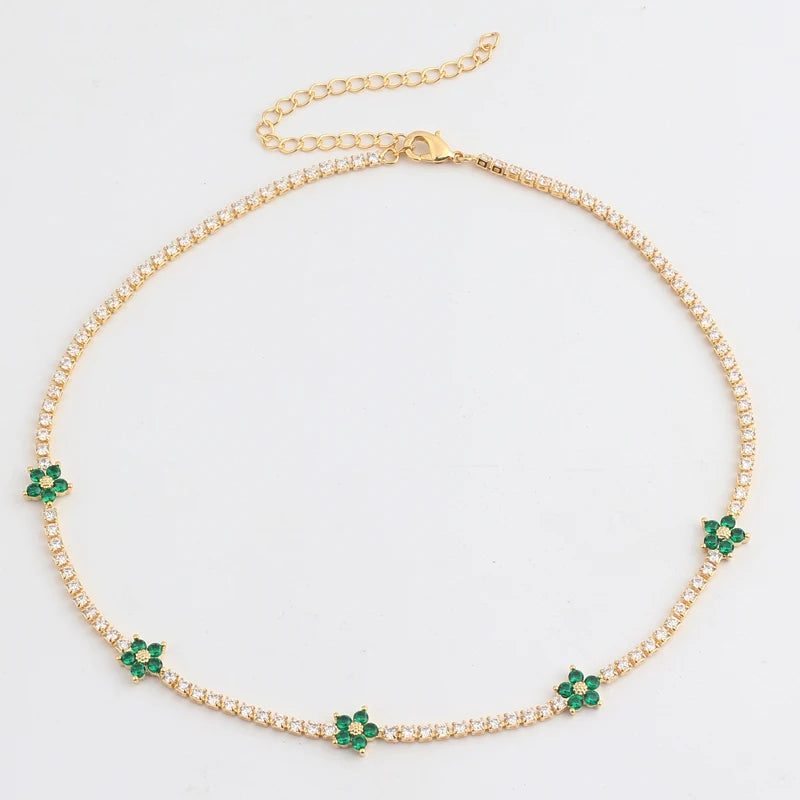 "BIJOUX" Nouveau collier plaqué or avec chaîne en zircon cubique et fleur colorée