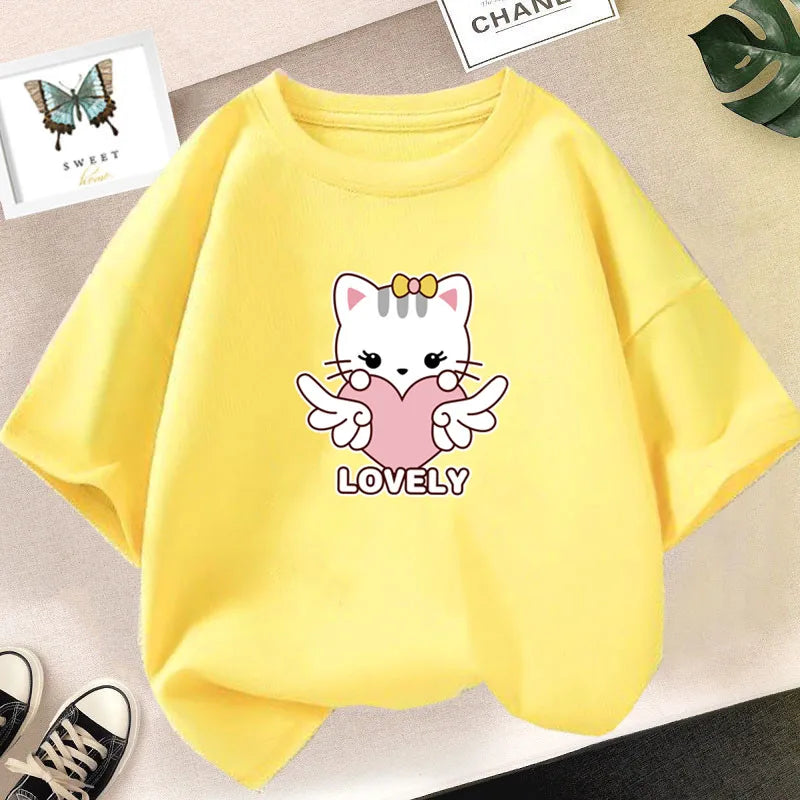 Kawaii Cat Print Lovely T-shirt Girl Animal  Fashion Print Tops Tee Gril Black White Clothes