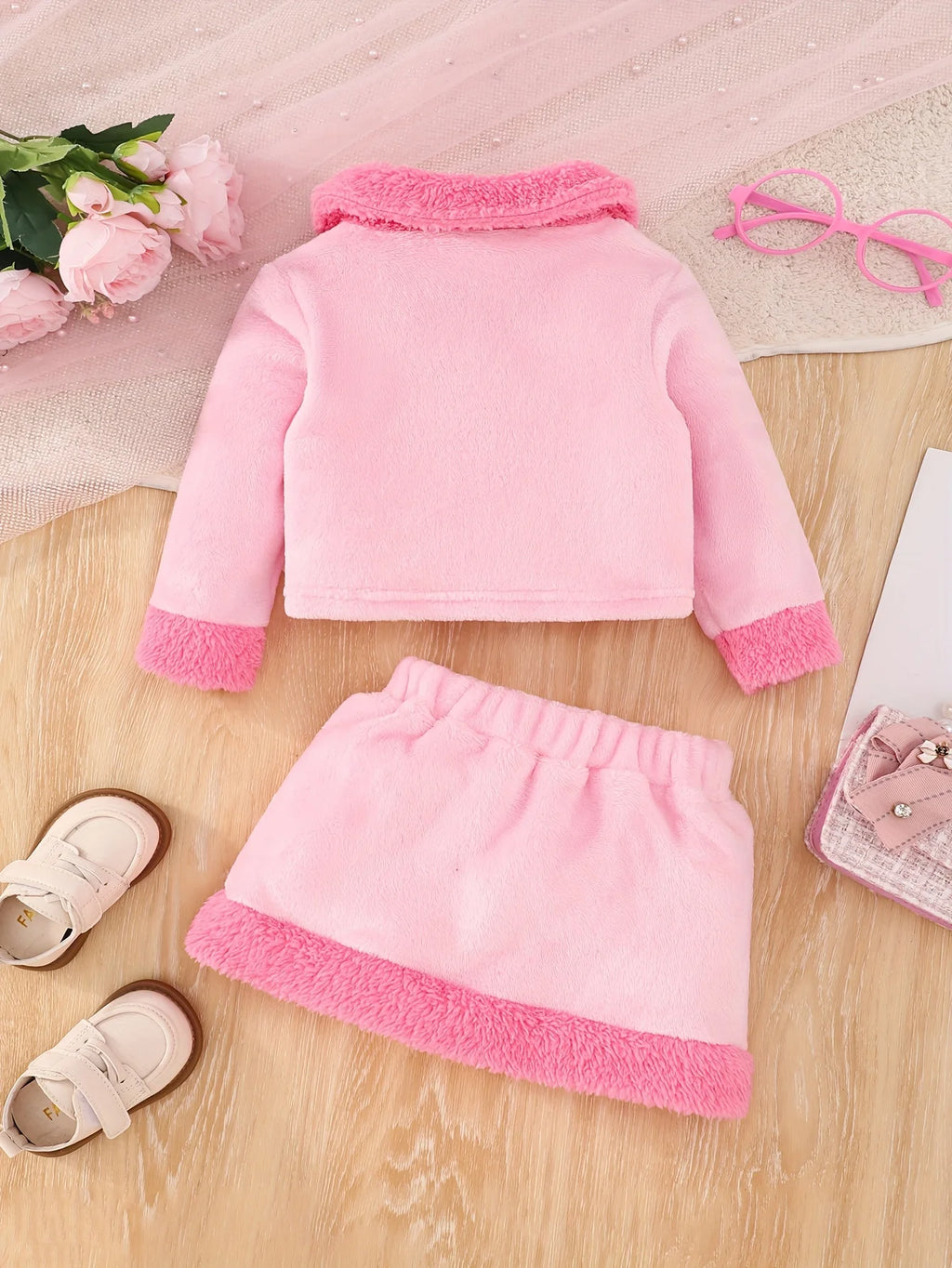 JapaneseKorean Style Pink Splicing Fluffy Small Fragrant Wind Long Sleeve Skirt Suit Fabric Comfortable Soft Warm Go Out To Wear