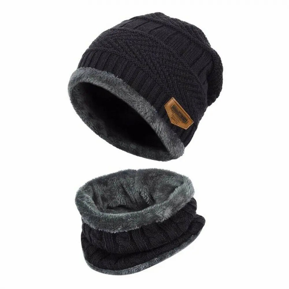 Kids Beanie Warm Hat Scarf Set Neck Cover Winter Fleece Knitted Thick Ski Cap