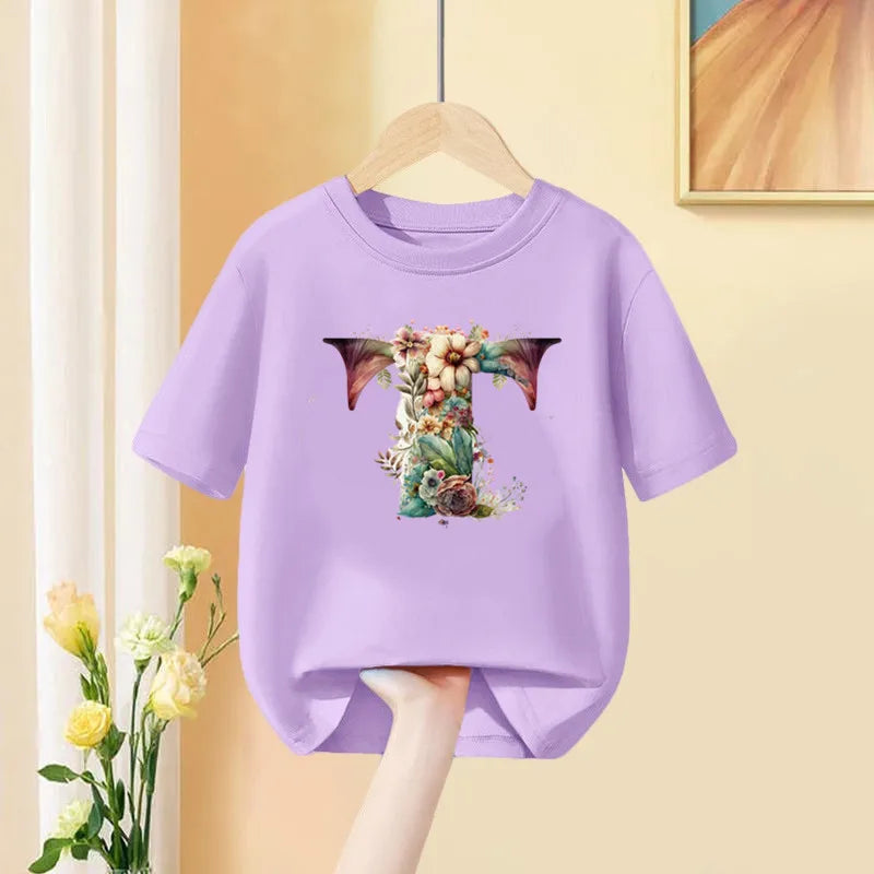 Girls T-Shirt 26 English Letter A B C D Children Fashion Flower T Shirt Kids  Custom Name Letter Summer Purple Clothes