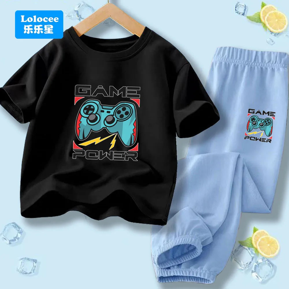 "VETEMENTS" Ensemble 2 pièces pour enfants style gamer "manette de jeu" : t-shirt à manches courtes et pantalon