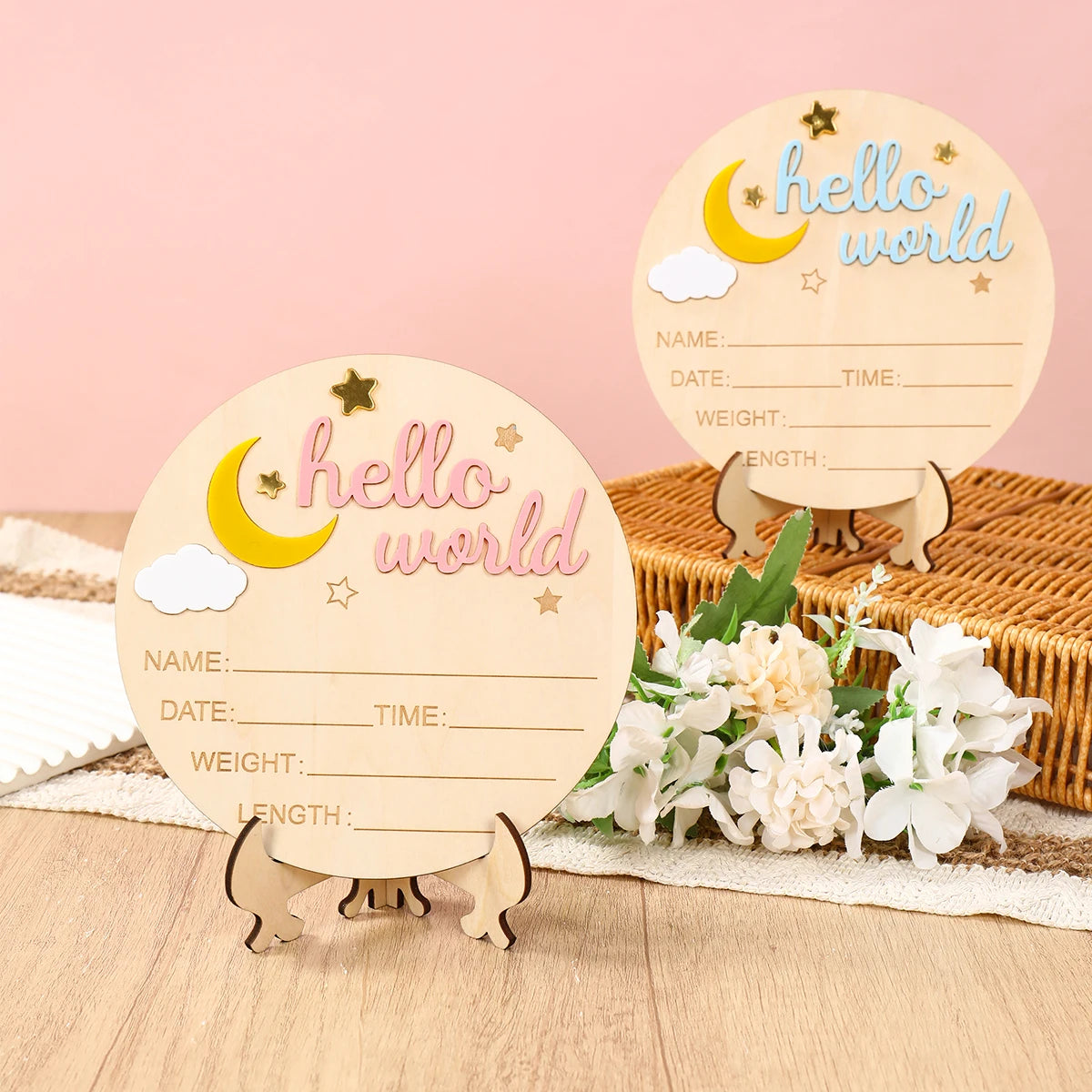 1pc Newborn Announcement Sign Hello World Newborn Welcome Sign New Baby Announcement Wooden Plaque Sign Newborn Welcome Card