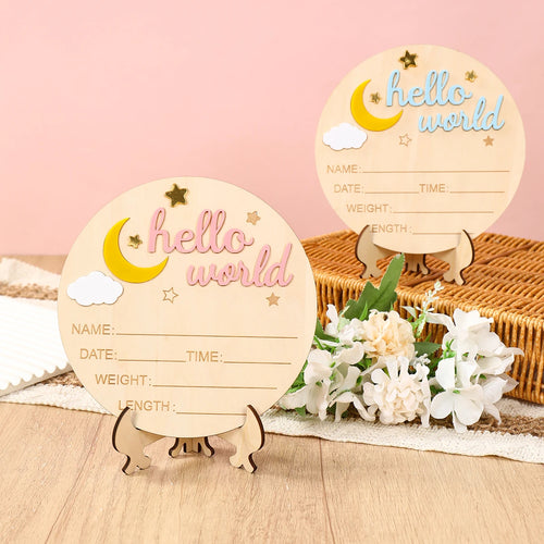 1pc Newborn Announcement Sign Hello World Newborn Welcome Sign New Baby Announcement Wooden Plaque Sign Newborn Welcome Card