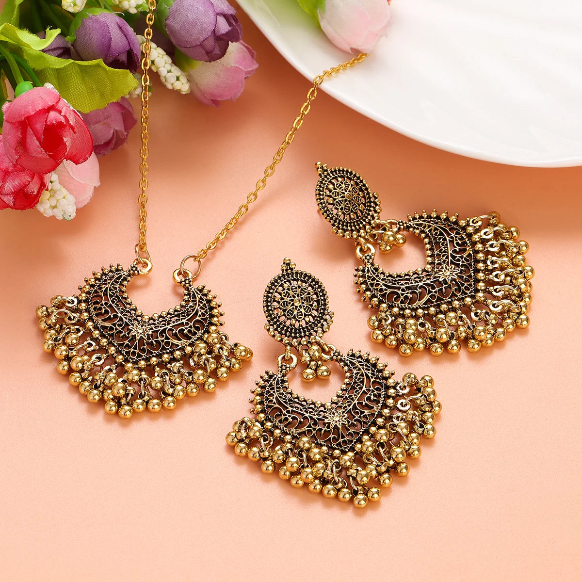 "BIJOUX" Parure de bijoux, style rétro, plaquée or, avec perles, boucles d'oreilles et collier