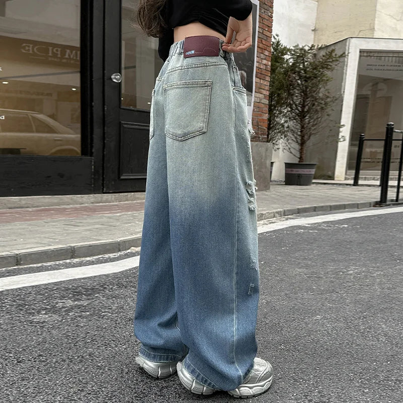 "VETEMENTS" Jean style usé pour filles, coupe ample, jambes larges, pour enfants de 5 à 14 ans