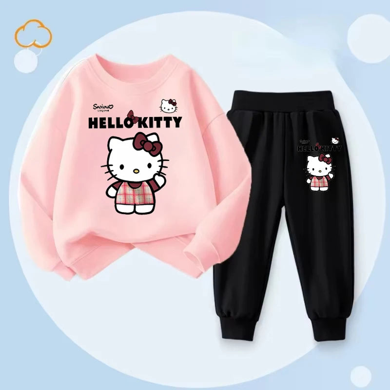 Sanrio Spring Girls Hello Kitty Printed Hoodies Sets Children's Breathable Sport Pullover and Pant Two Piece Suit Kids Sweatsuit