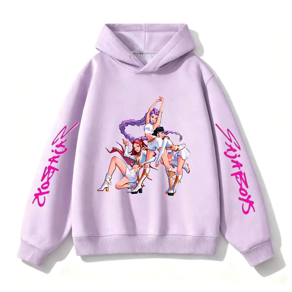 Purple Hooded Tops Fashion Casual Clothes Kids New Design Hoodies Kpop Demon Hunters Girls Group Clothing Toddler Autumn Wear