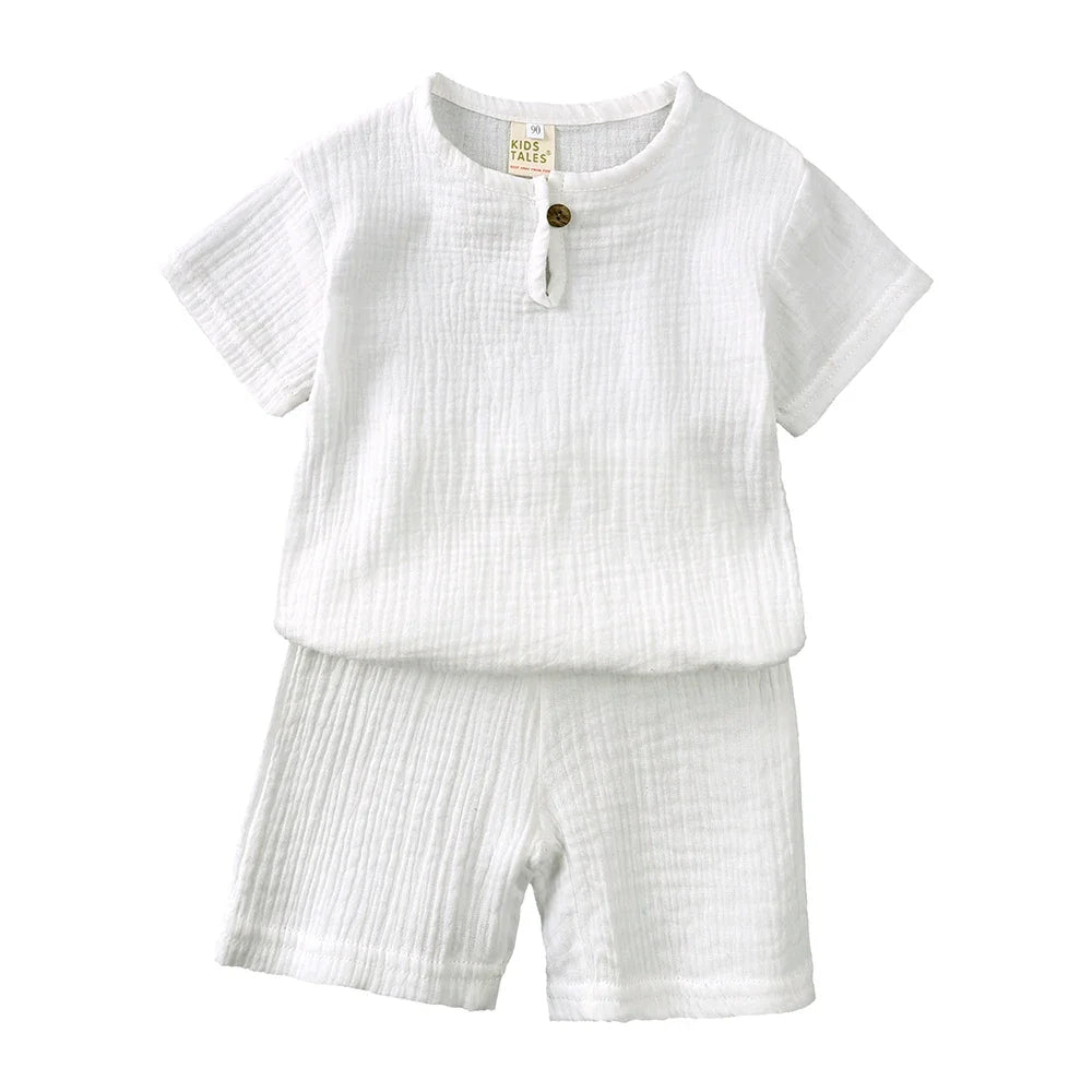 "VETEMENTS" Ensemble pour petits garçons et filles : T-shirt et short unis en coton et lin