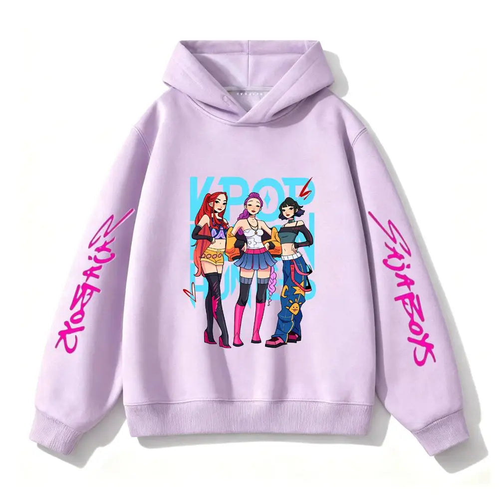 Purple Hooded Tops Fashion Casual Clothes Kids New Design Hoodies Kpop Demon Hunters Girls Group Clothing Toddler Autumn Wear