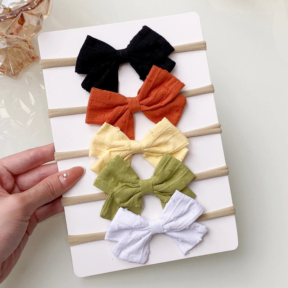 5Pcs/Set Cotton Linen Bows Headband for Girls Newborn Nylon Elastic Hair Bands Toddler Hairbands Headwear Baby Hair Accessories
