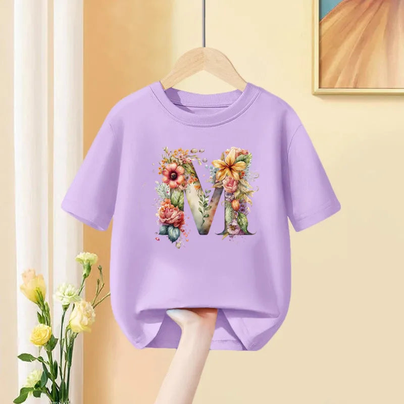 Girls T-Shirt 26 English Letter A B C D Children Fashion Flower T Shirt Kids  Custom Name Letter Summer Purple Clothes