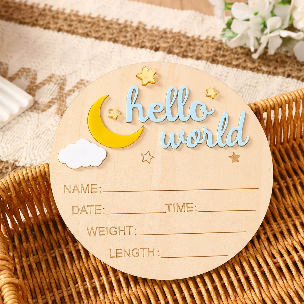 1pc Newborn Announcement Sign Hello World Newborn Welcome Sign New Baby Announcement Wooden Plaque Sign Newborn Welcome Card