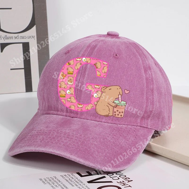 Capibara Baseball Cap for Women New Cute Capybara Letter A-Z Sun Hat Outdoor Sport Travel Sunbonnet Adult Fashion Headgear Gift