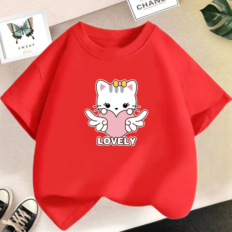 Kawaii Cat Print Lovely T-shirt Girl Animal  Fashion Print Tops Tee Gril Black White Clothes