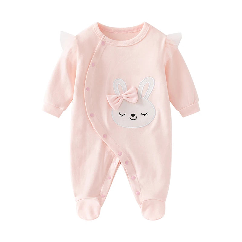 Newborn baby girl spring & fall jumpsuit with long sleeves pure cotton cute yellow cartoon embroidered rabbit