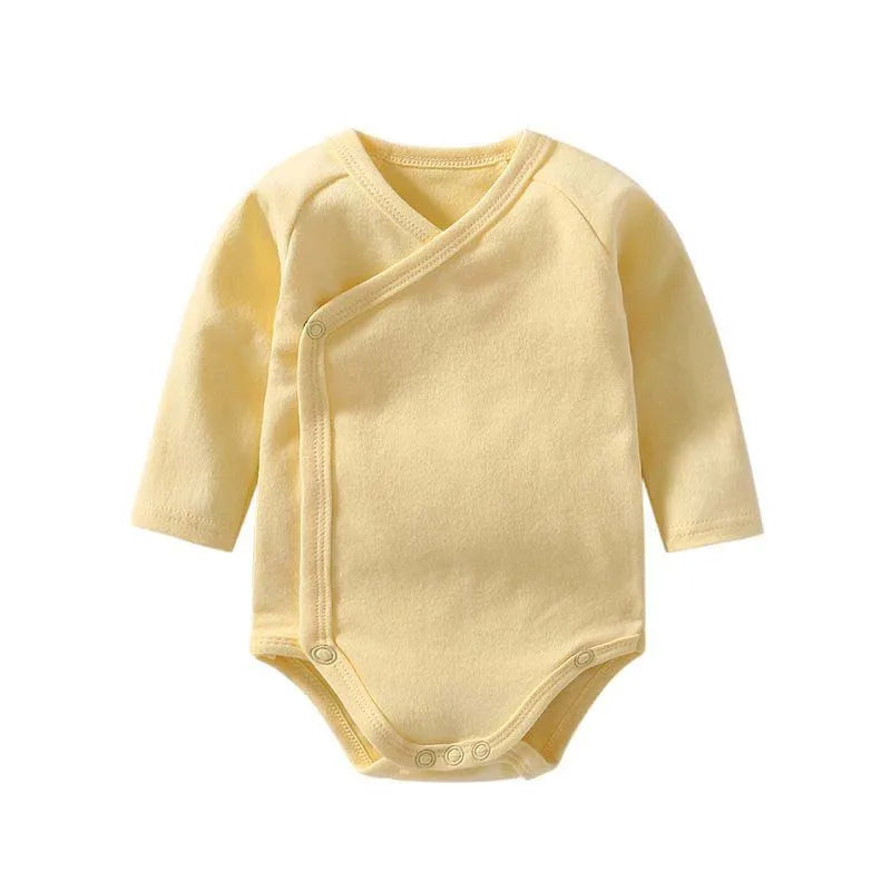 Newborn Baby Bodysuit 0 To 3 Months 100% Cotton Slanting Open Button Solid Color Long Sleeve Jumpsuits Baby Boy Girl Clothes