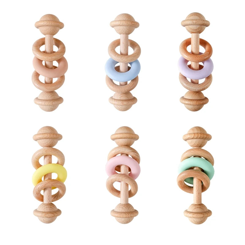 "JOUET" Jouet pour bébé hochet en bois anneaux de dentition en Silicone pour bébé 0 à 12 mois