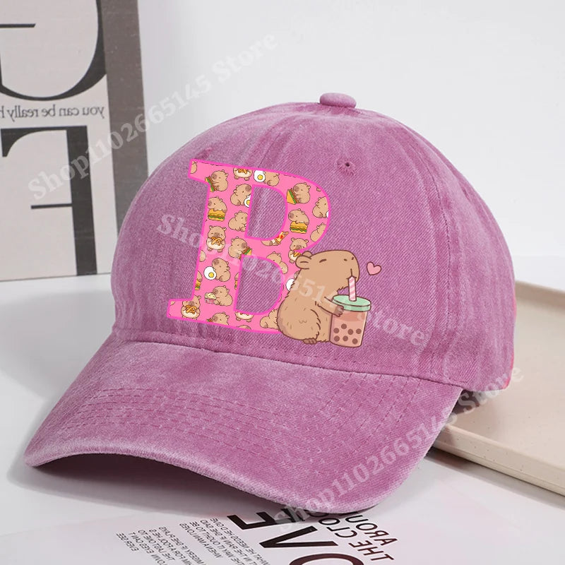 Capibara Baseball Cap for Women New Cute Capybara Letter A-Z Sun Hat Outdoor Sport Travel Sunbonnet Adult Fashion Headgear Gift