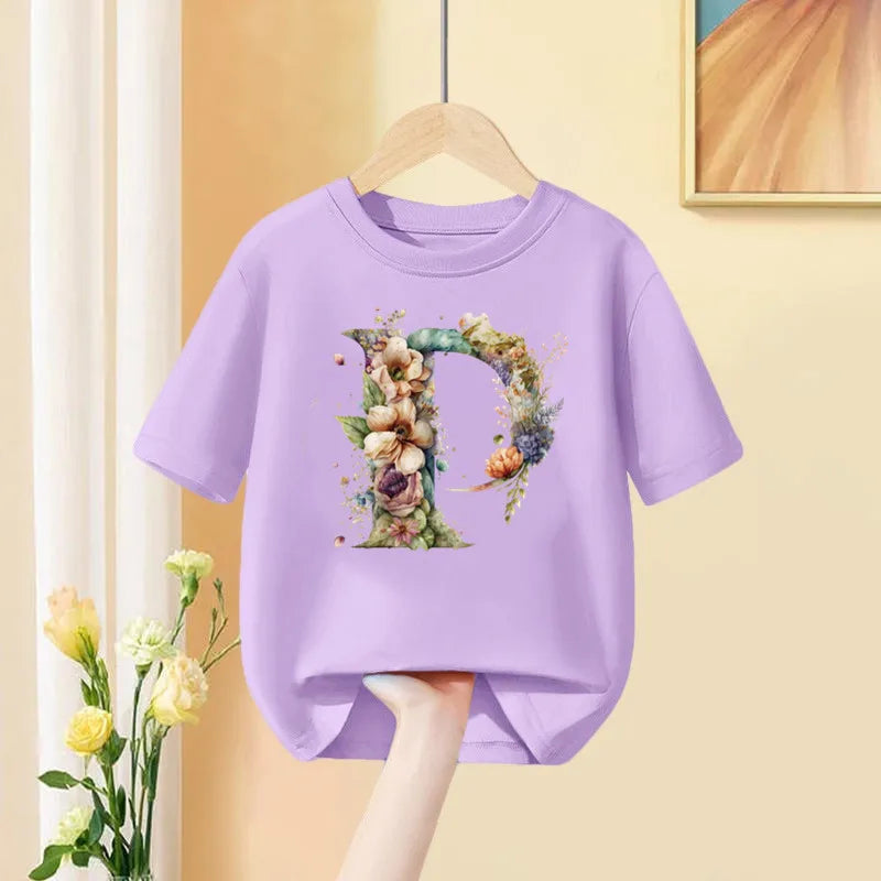 Girls T-Shirt 26 English Letter A B C D Children Fashion Flower T Shirt Kids  Custom Name Letter Summer Purple Clothes